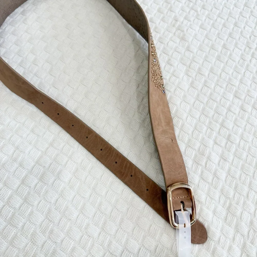 NEW Wide Vegan Leather Belt with Colorful and Metallic Studs Tan Khaki